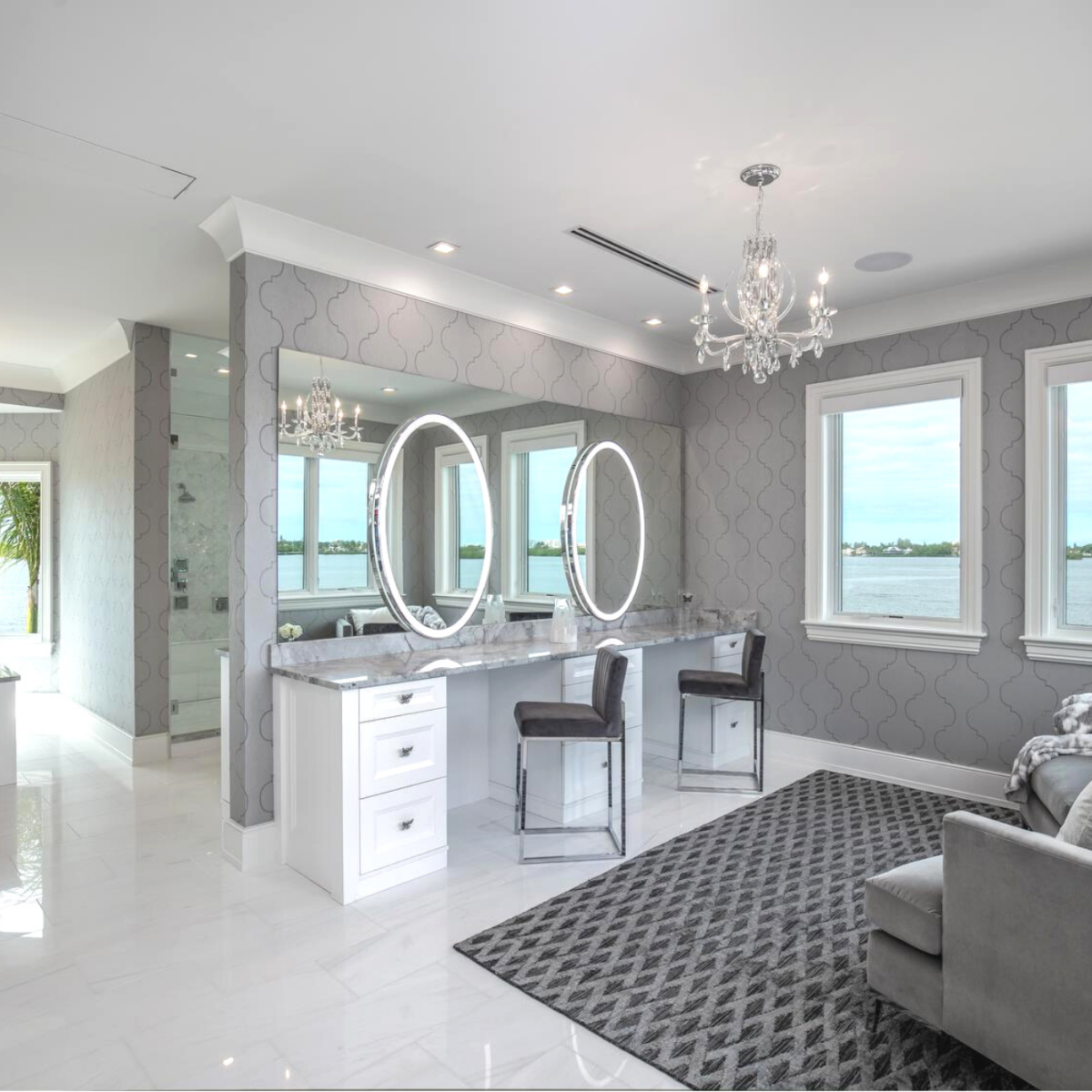 Super White Quartzite Calcatta Quartzite Marble Countertops Bathroom Countertops Bathtub Surround Countertop International Granite and Stone Trinity Construction and Design Ryan Gamma Photographer Double Bathroom Vanity White Cabinets White Tile Gray Tile White and Gray Bathroom Make Up Table Make-Up Vanity Tub Surround