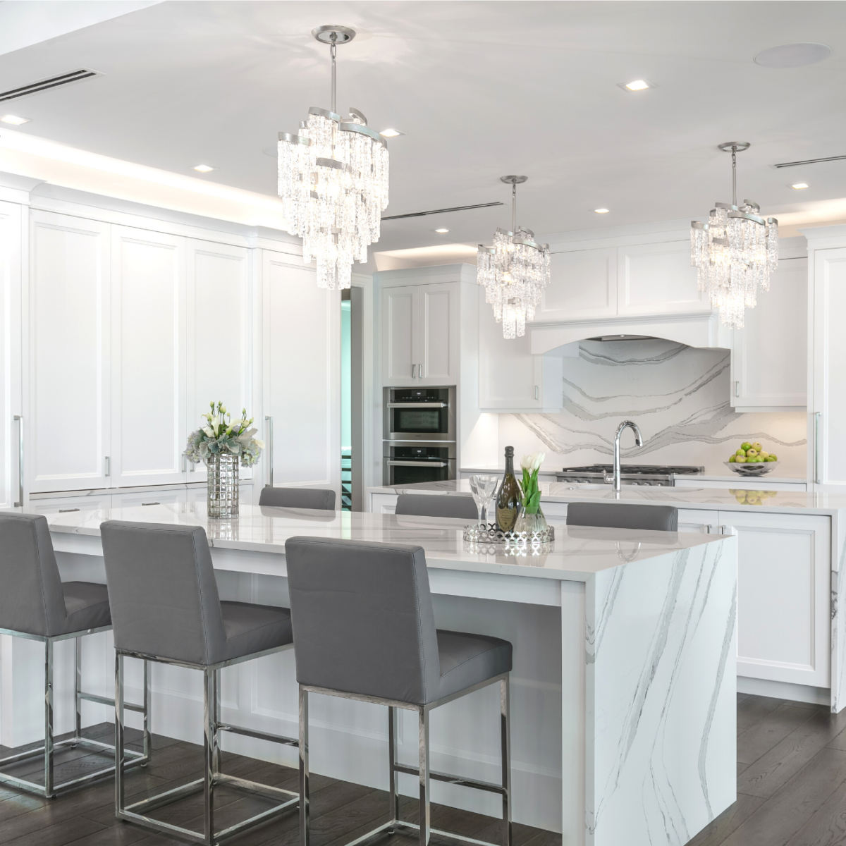 Cambria Brittanica Quartz Kitchen Countertops with Kitchen Island Waterfall with White Cabinets and Full Height Backsplash