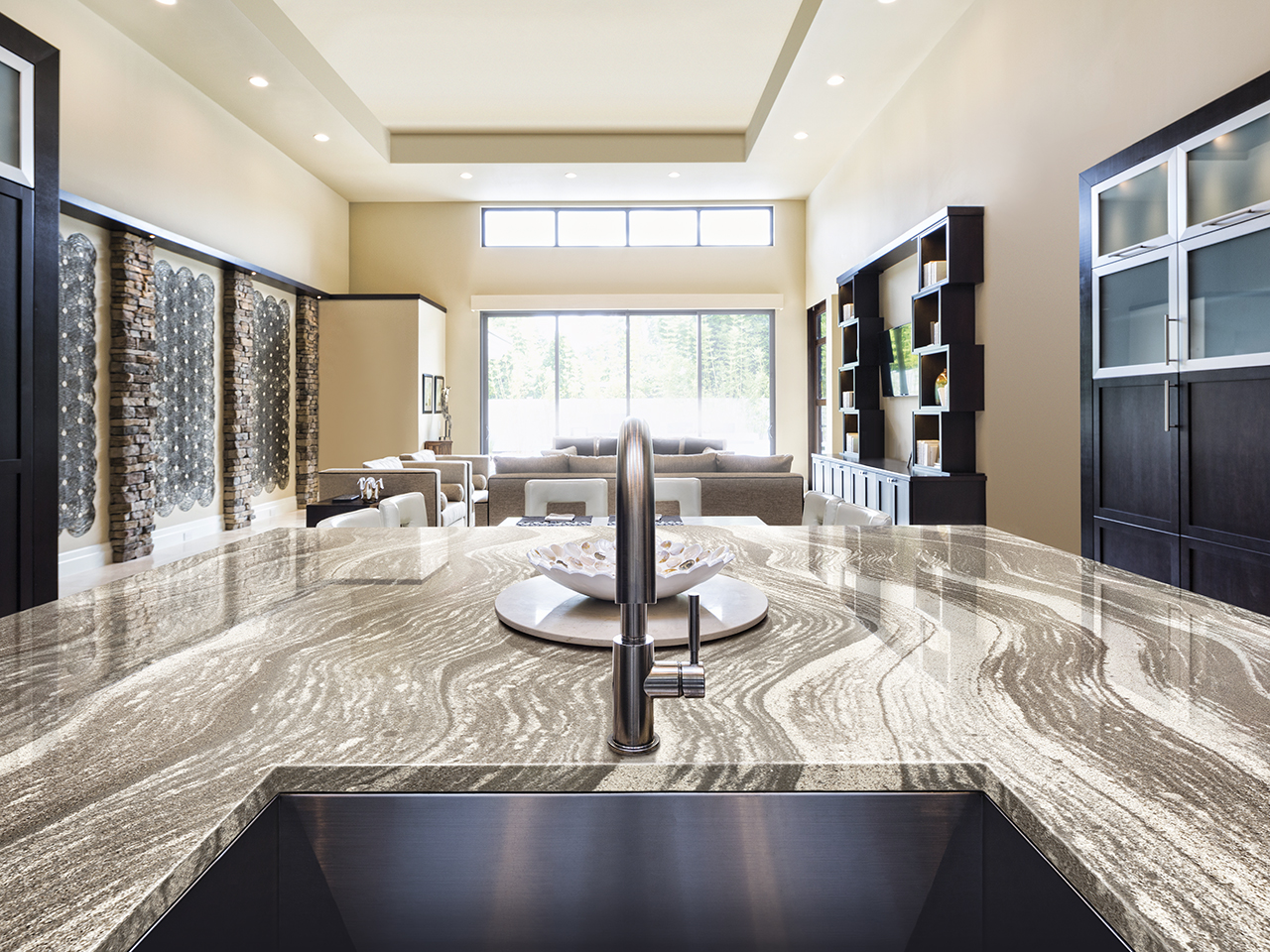 Oakmoor Cambria Quartz Kitchen Countertops with Dark Wood Cabinets and Undermount Sink