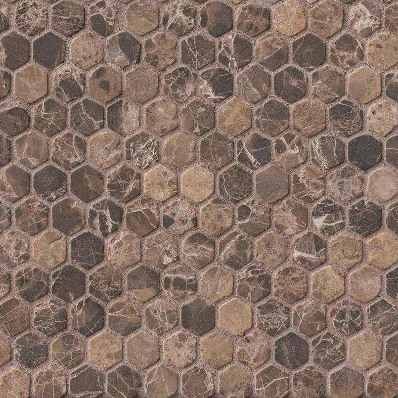Emperador Dark 1inch Hexagon Tumbled In 12×12 Mesh