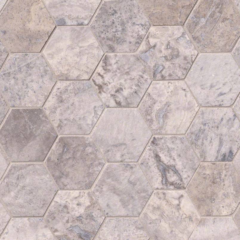 Silver Travertine 3″ Hexagon Honed