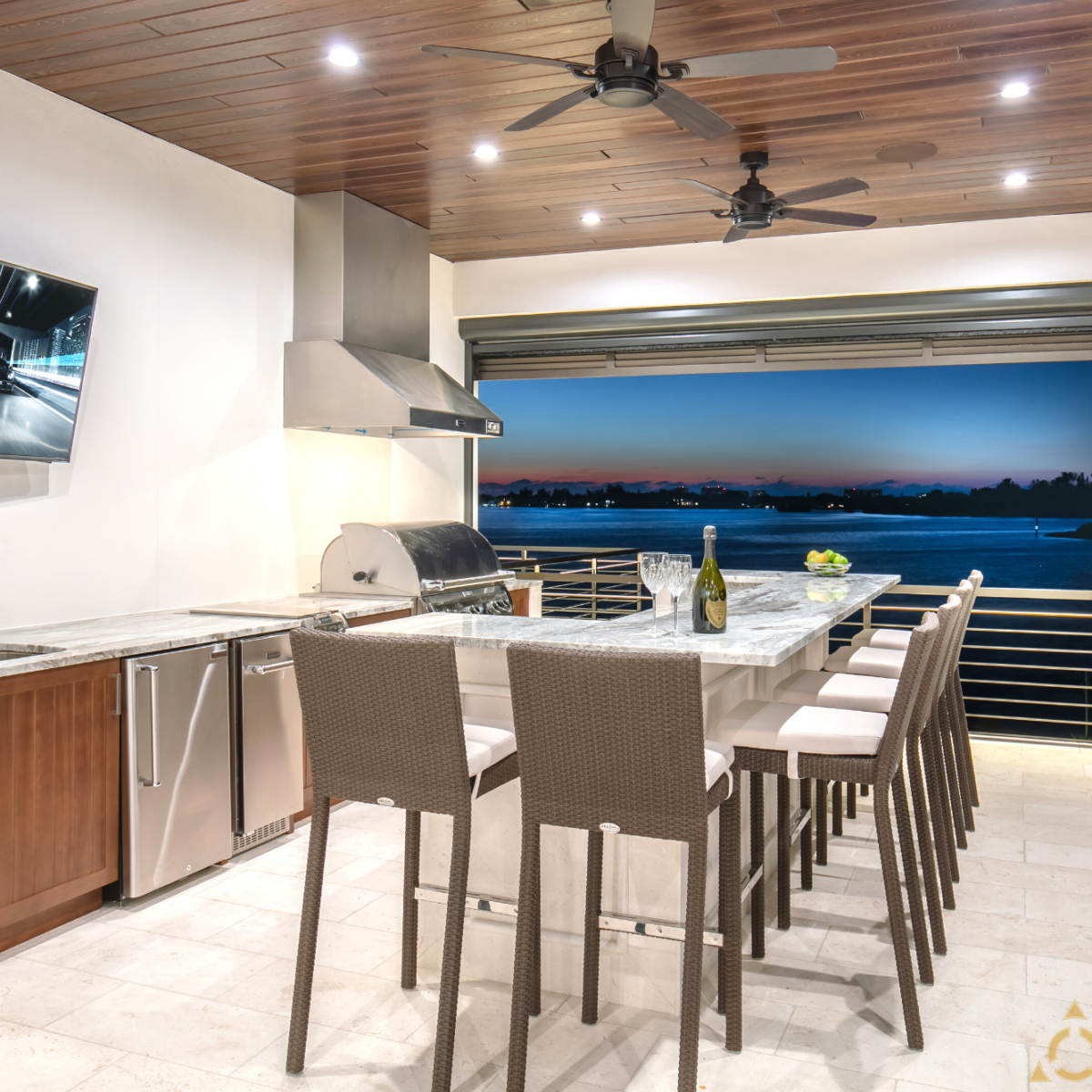 Super White Quartzite Calcatta Quartzite Marble Countertops Outdoor Kitchen Countertop International Granite and Stone Trinity Construction and Design Ryan Gamma Photographer