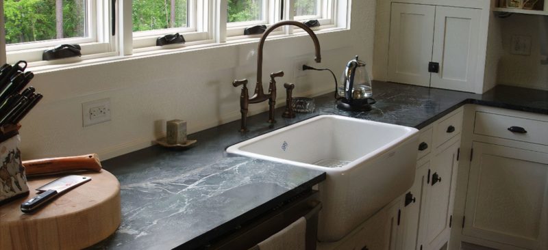 Stormy Black Soapstone Kitchen Countertops with White Farmhouse Sinkquartz vs soapstone