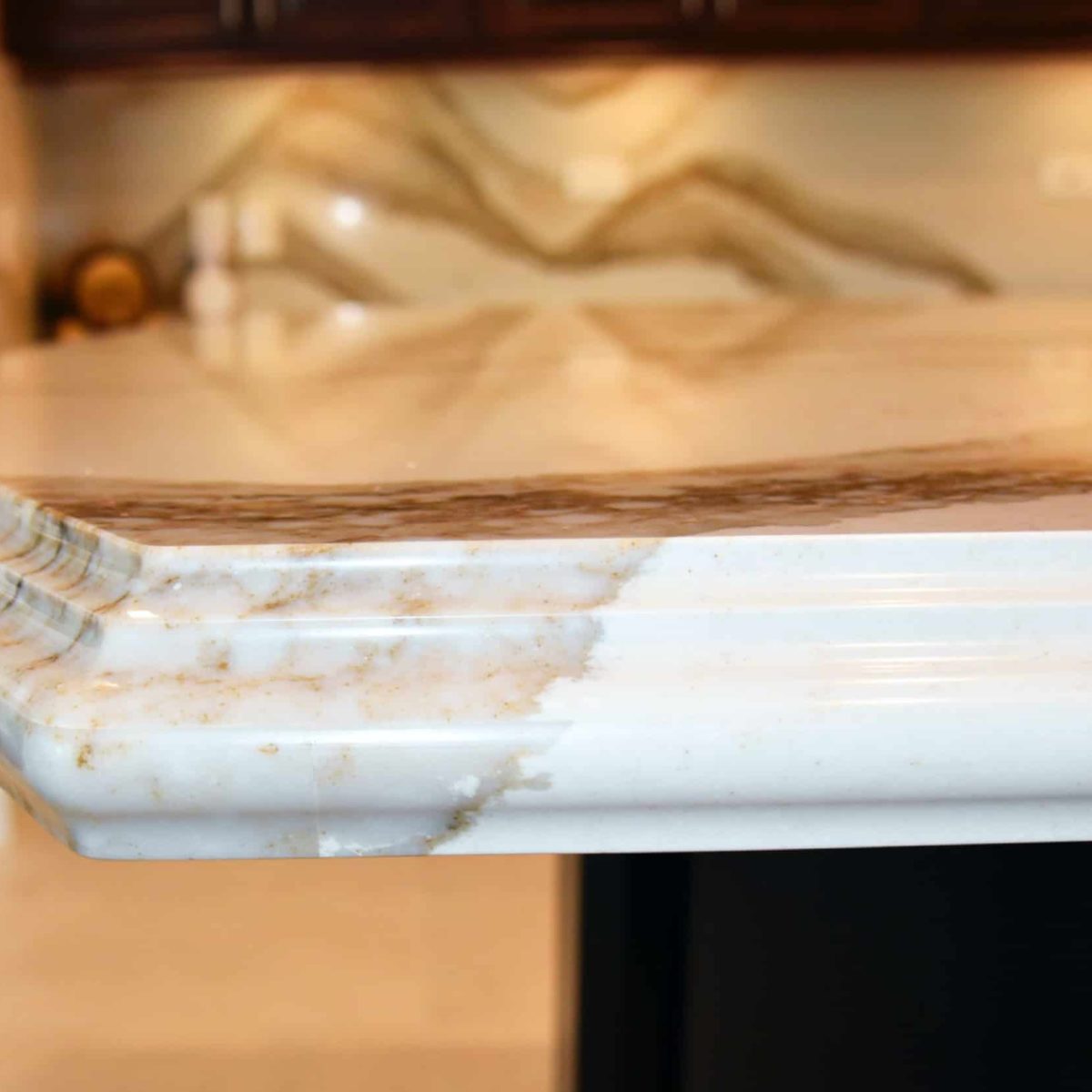 Brittanicca Gold Quartz Cornice Edge Profile in Kitchen Close Up
