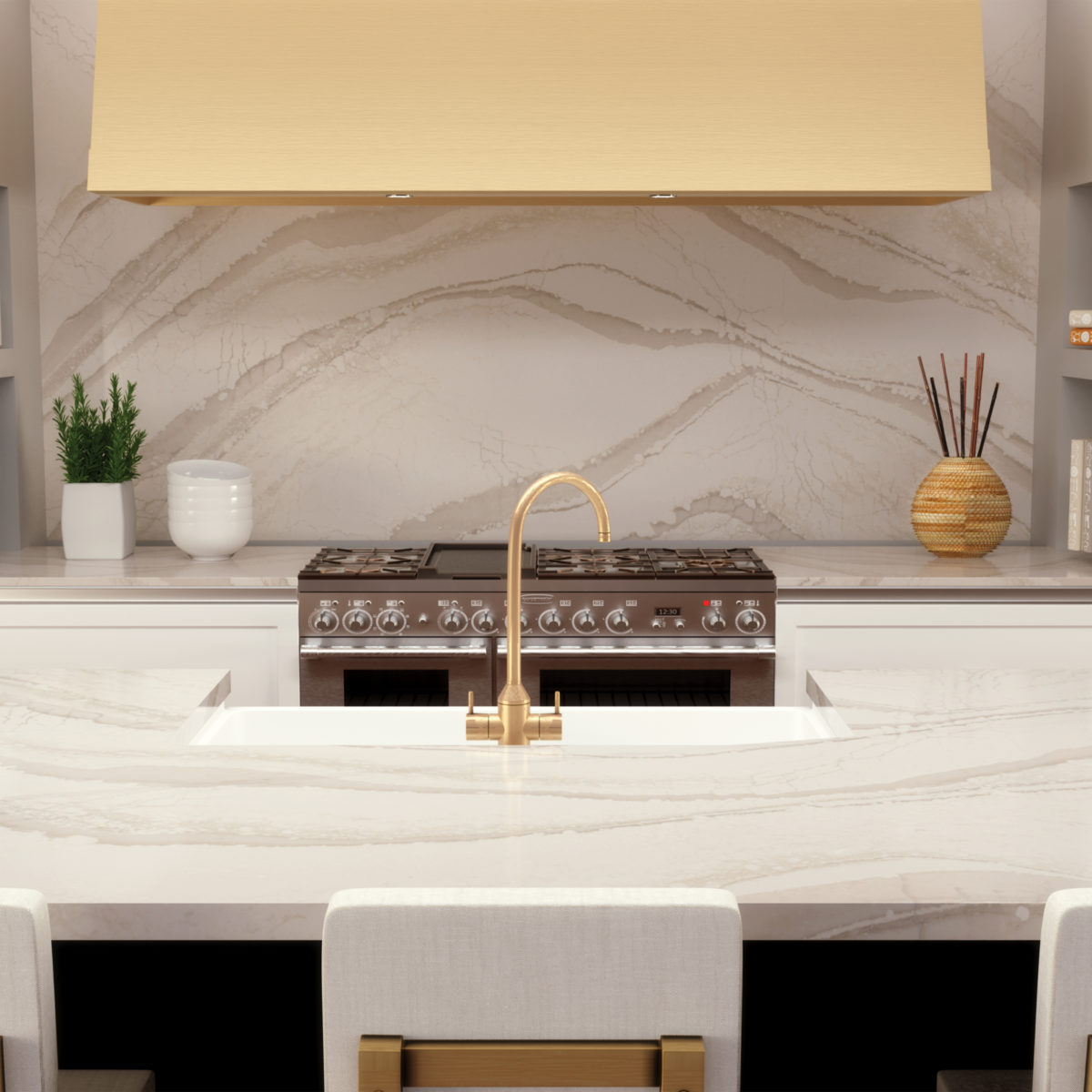 Brittanicca Warm Cambria Quartz Kitchen Countertops and Island with Matching Quartz Full Height Backsplash Wall Cladding