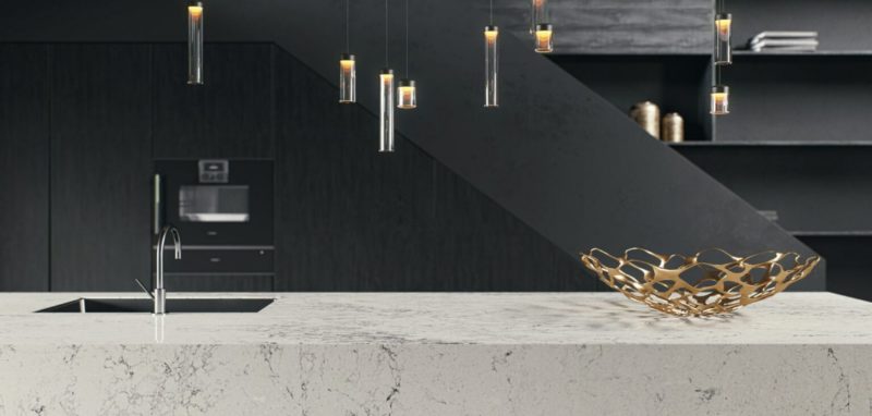Montblanc Caesarstone Quartz Kitchen Countertops with Pendant Lighting
