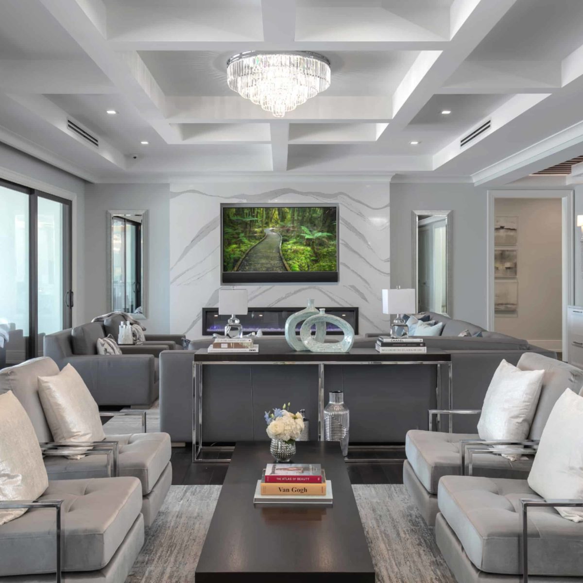 Cambria Brittanicca Kitchen Countertops Bathroom Countertops White and Gray Quartz Countertops White Cabinets Kitchen Island marble looking quartz International Granite and Stone Trinity Construction and Design Collaboration gray furniture gray flooring white tile white backsplash