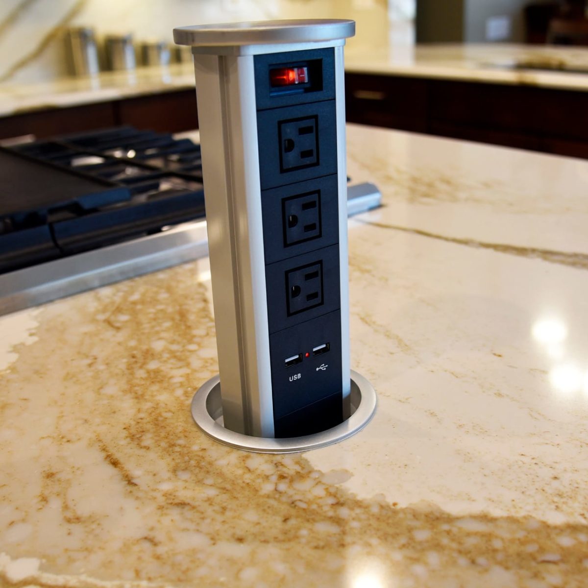 Cambria Brittanicca Gold Quartz Countertop with Pop-Up Outlet