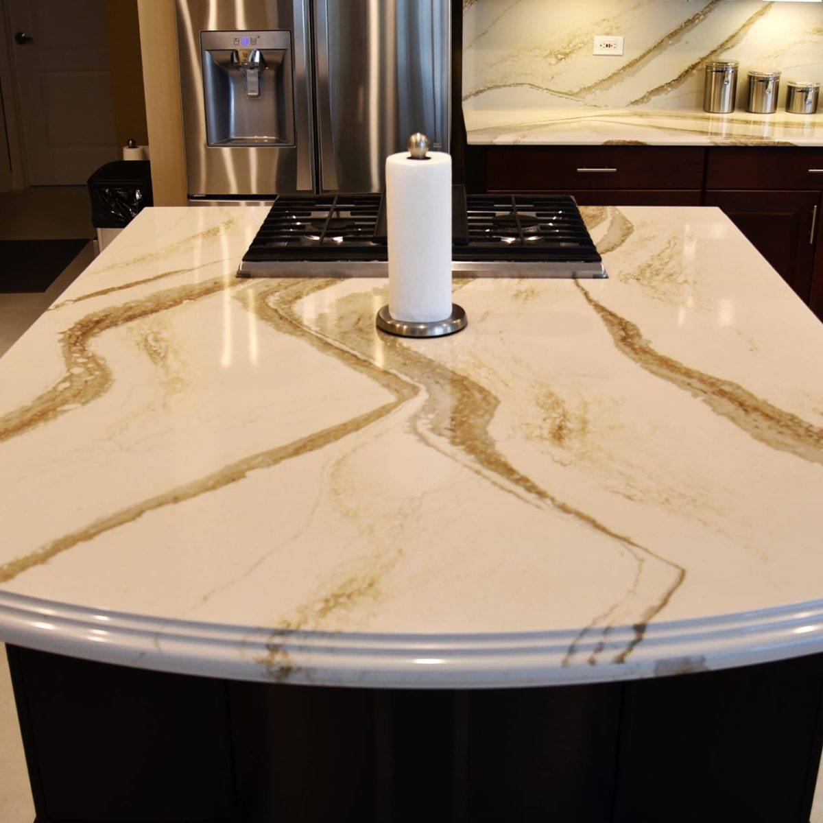 Brittanicca Gold Kitchen Island with a Cornice Edge