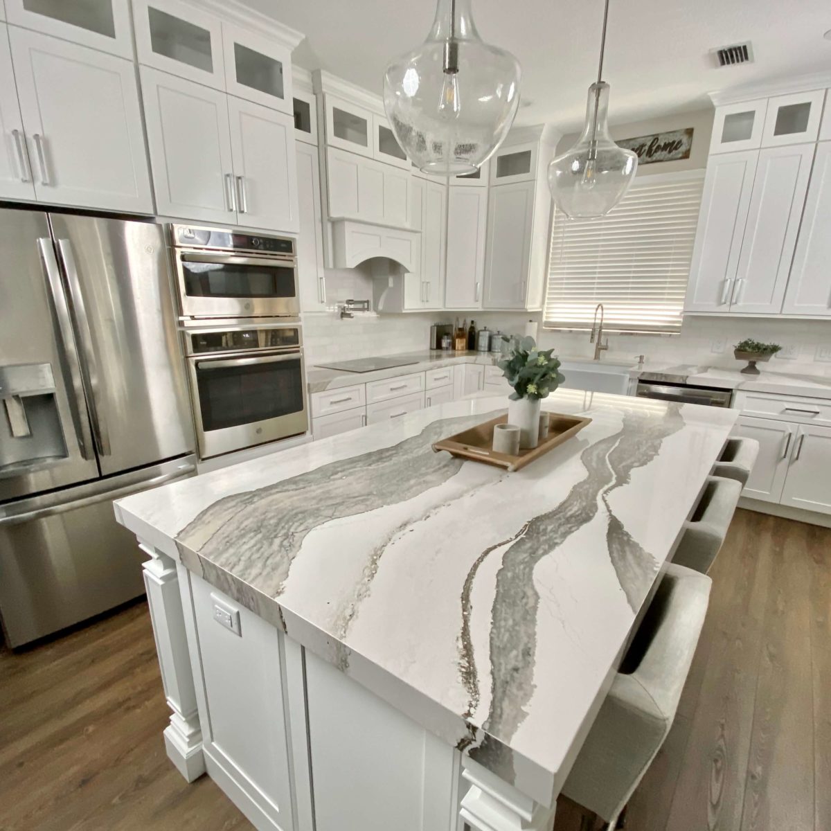 Skara Brae Cambria Quartz with Pendant Lights White Shaker Cabinets
