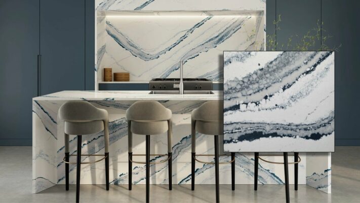 Inverness Bristol Bay Quartz Countertops displaying subtle blue undertones amidst a versatile neutral palette.