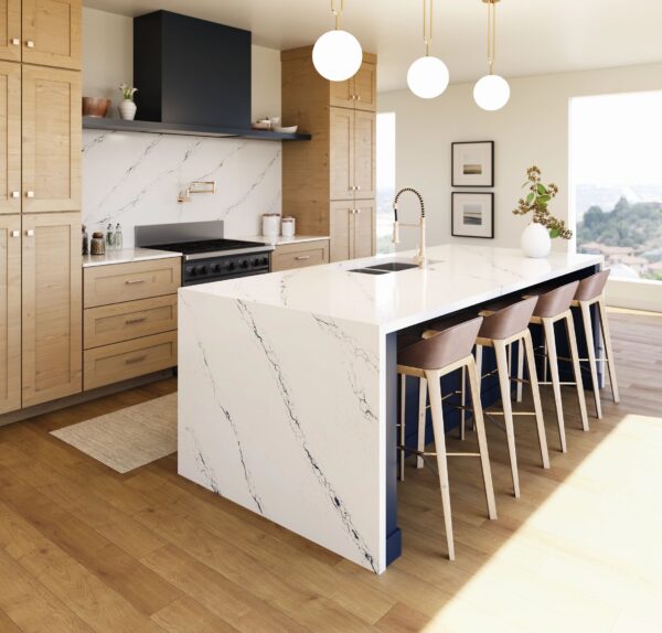 Inverness Cobalt Cambria Quartz Kitchen Countertops with Waterfall Panel