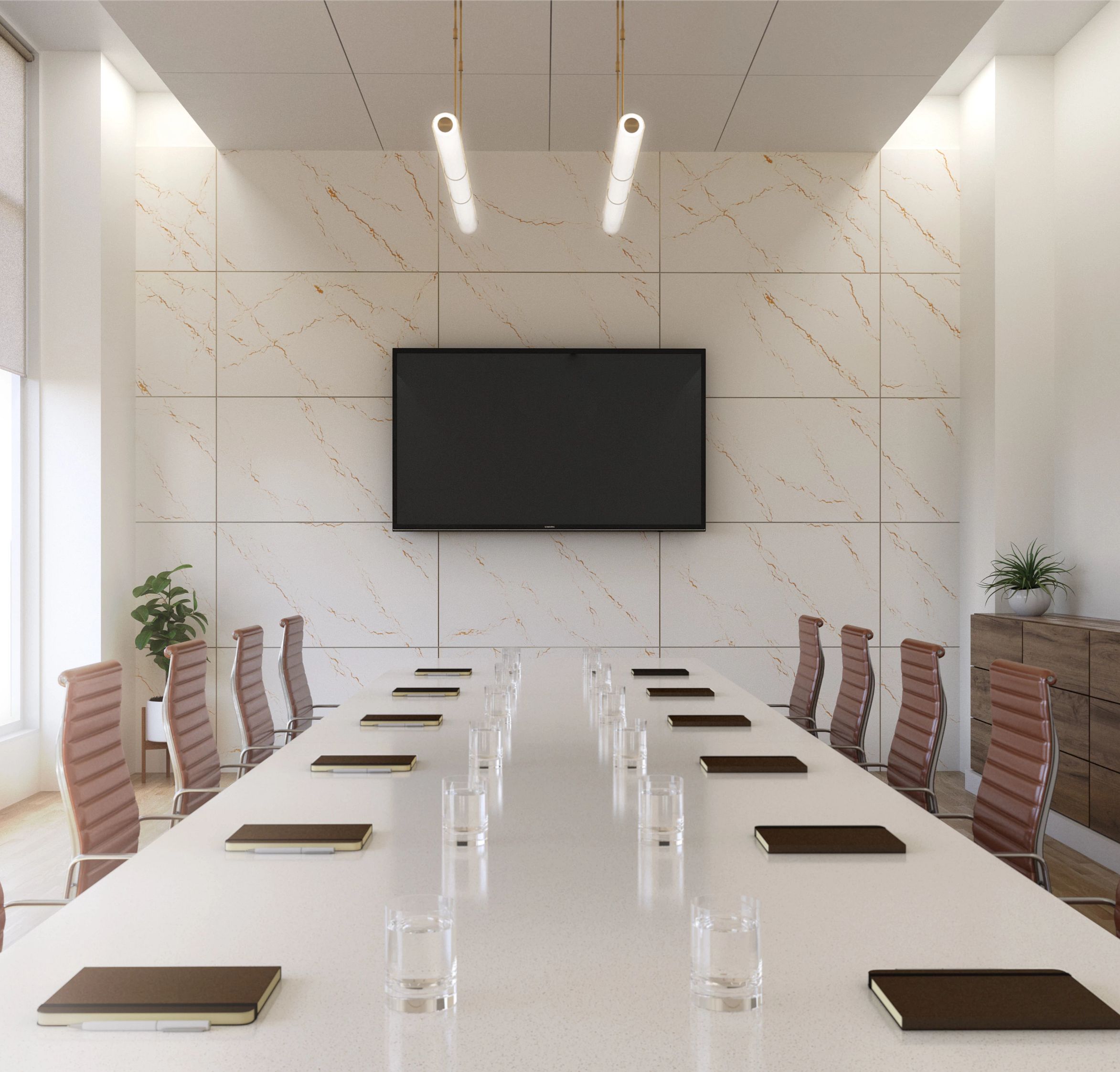 Inverness Gold Cambria Quartz Conference Table and Wall Cladding