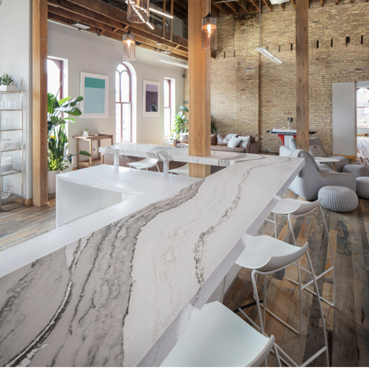 Skara Brae Cambria Quartz Installed Bar at Love Your Melon Store - Skara Brae Quartz - Cambria Skara Brae Natural Quartz - Cambria Skara Brae - Skara Brae - Design Spotlight - Skara Brae Kitchen Countertops - Skara Brae Kitchen Island