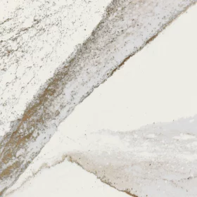 Close-up view of rich brown currents flowing against a crisp white background, accented by subtle flashes of radiant brass in Cambria Windsor Brass Quartz design