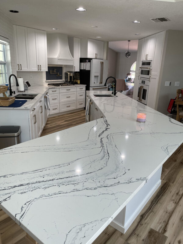 Portrush Cambria Quartz Kitchen Countertops with White Cabinets