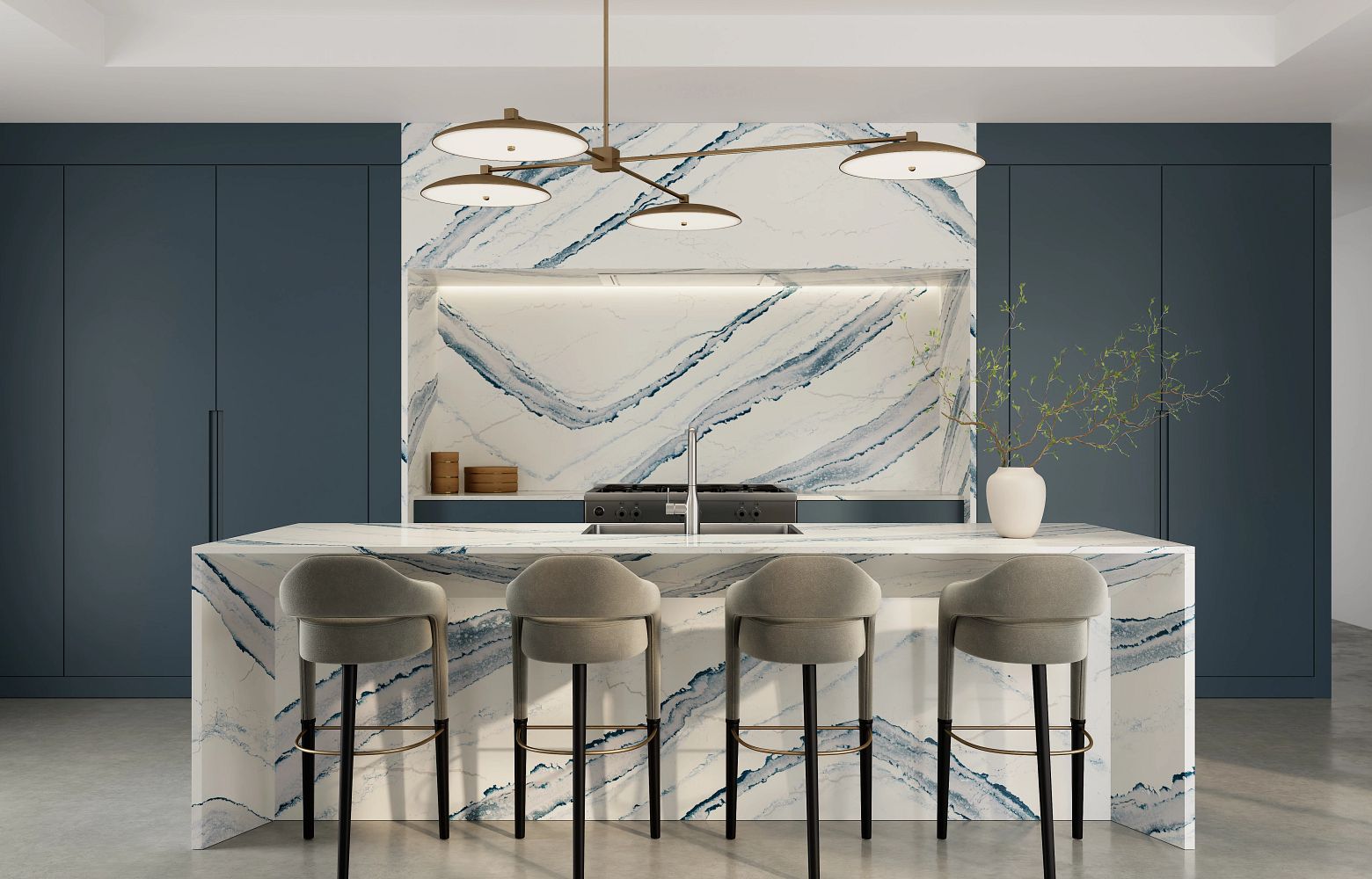 Close-up view of installed kitchen countertops using Cambria Inverness Bristol Bay Quartz countertop featuring stormy-blue waves, cool white backdrop, and debossed Inverness veins, showcasing its high gloss finish and durability for residential and commercial applications.