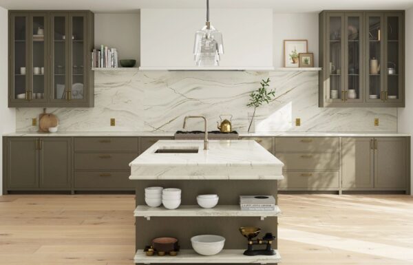 Close-up view of Cambria Inverness Everleigh Quartz surface, showcasing its intricate blend of cool gray and warm, sand-honey tones with debossed Inverness veins kitchen countertops