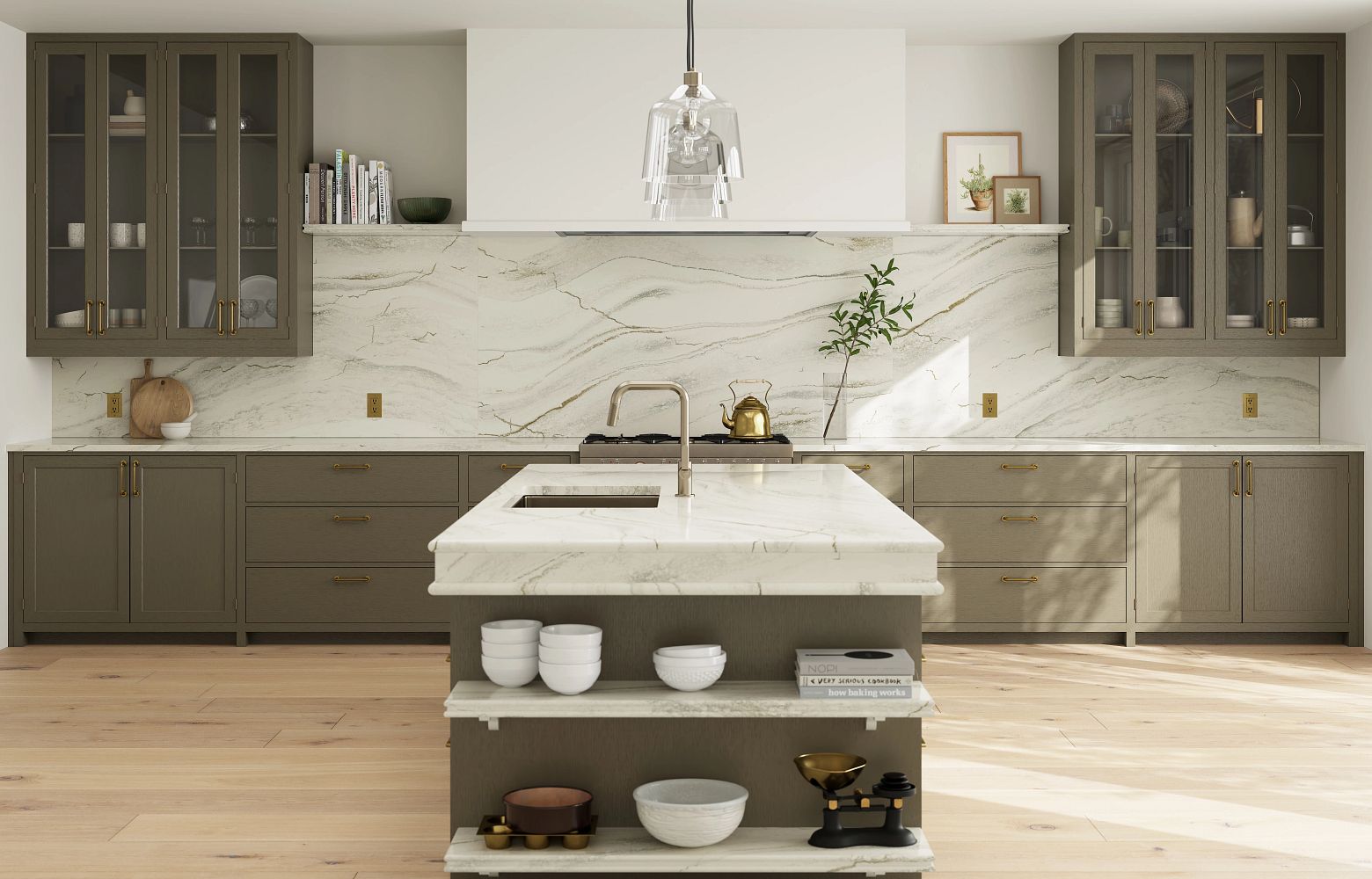 Close-up view of Cambria Inverness Everleigh Quartz surface, showcasing its intricate blend of cool gray and warm, sand-honey tones with debossed Inverness veins kitchen countertops