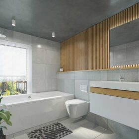 modern bathroom remodel with floating vanity bathtub wall mounted toilet and wood slat accent wall