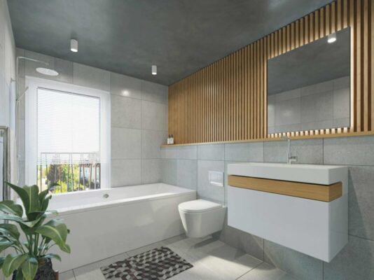 modern bathroom remodel with floating vanity bathtub wall mounted toilet and wood slat accent wall