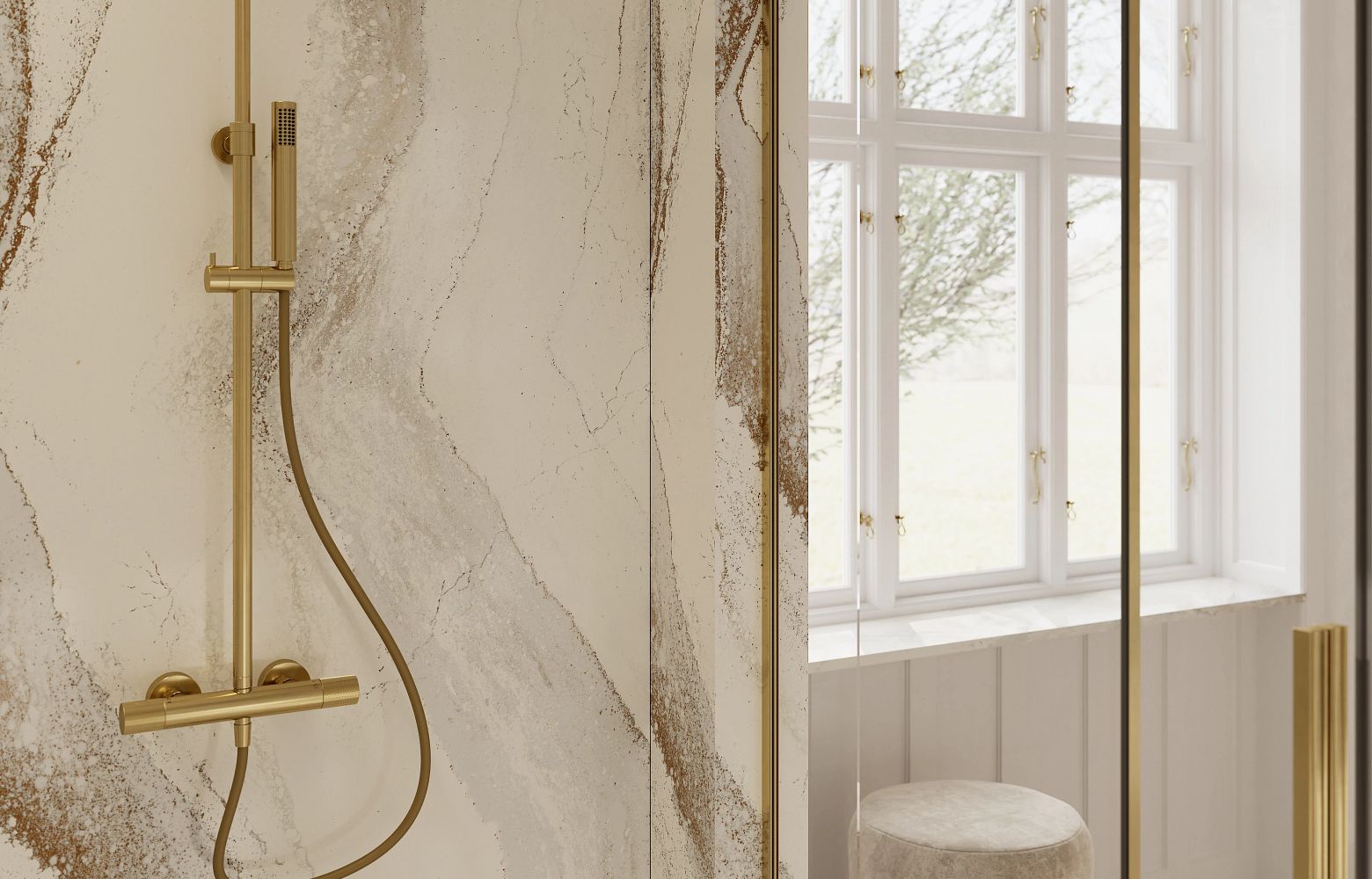 view of rich brown currents flowing against a crisp white background, accented by subtle flashes of radiant brass in Cambria Windsor Brass Quartz design installed on shower walls