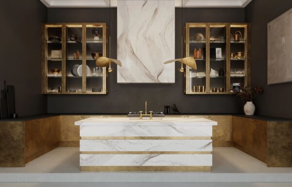 extended view of Windsor Brass Satin Ridge by Cambria Quartz countertops, showcasing its rich tapestry of chocolate brown and warm honey hues, debossed Inverness veins, and radiant brass elements. installed in a luxury kitchen