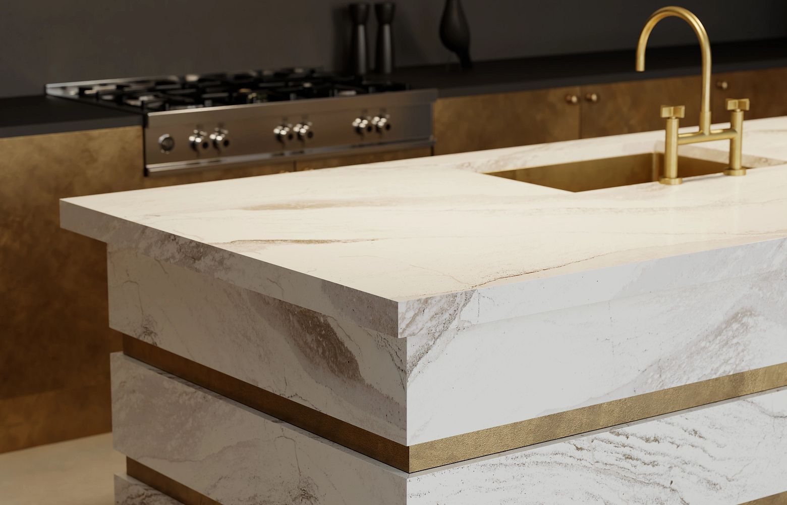 close up view of Windsor Brass Satin Ridge by Cambria Quartz countertops, showcasing its rich tapestry of chocolate brown and warm honey hues, debossed Inverness veins, and radiant brass elements. installed in a luxury kitchen